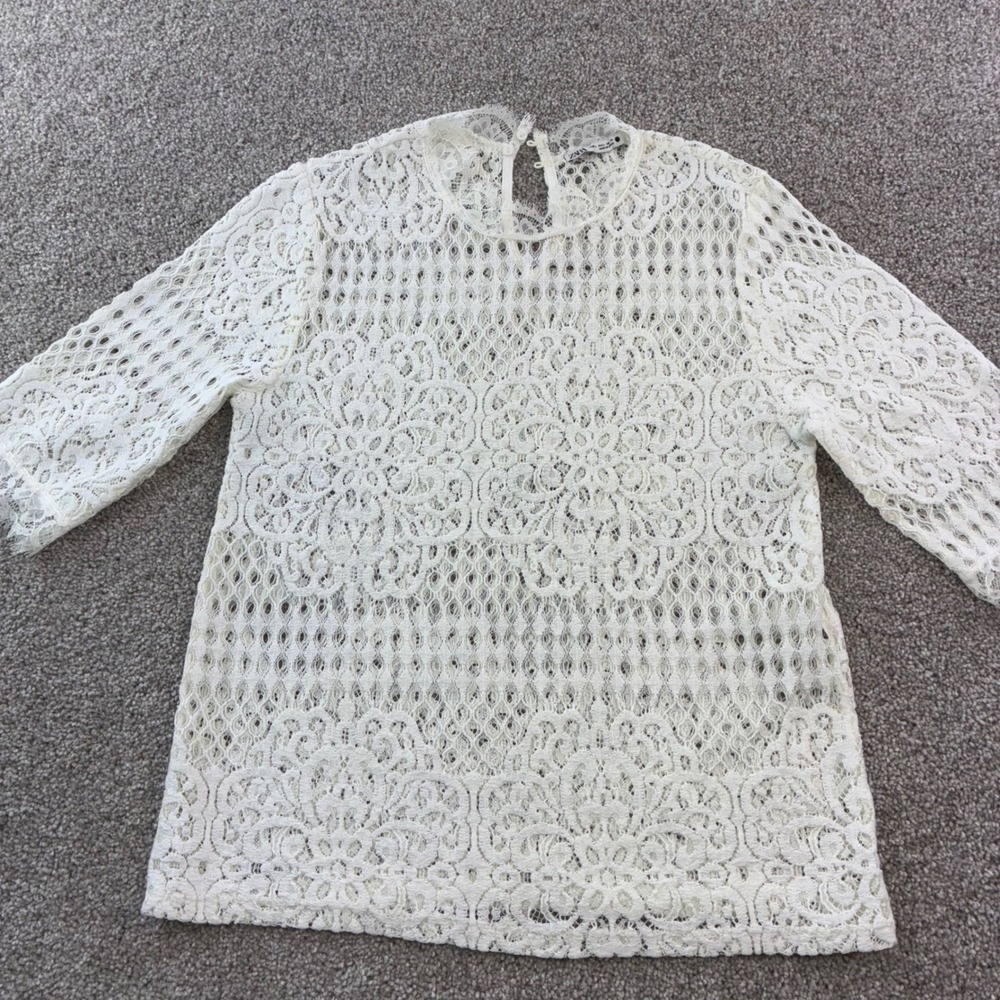 ZARA Womens L White Lace 3/4 Sleeve Mock Neck Keyhole Back Top Blouse Boho Chic